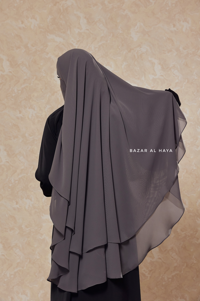 Grey Two Layered Three -In- One Snap Scarf, Khimar, Cape - Super Soft