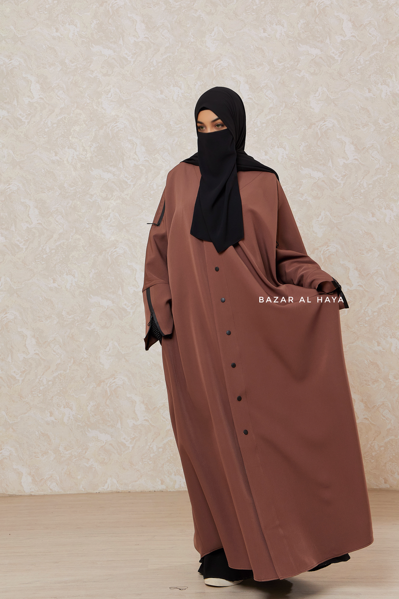 Brown Falak Classic Loose Fit Abaya Coat With Scarf - Pockets & Zippers