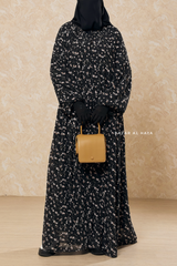Black Amira Chiffon With Tie Neck Strings Abaya Dress - Puff Sleeves