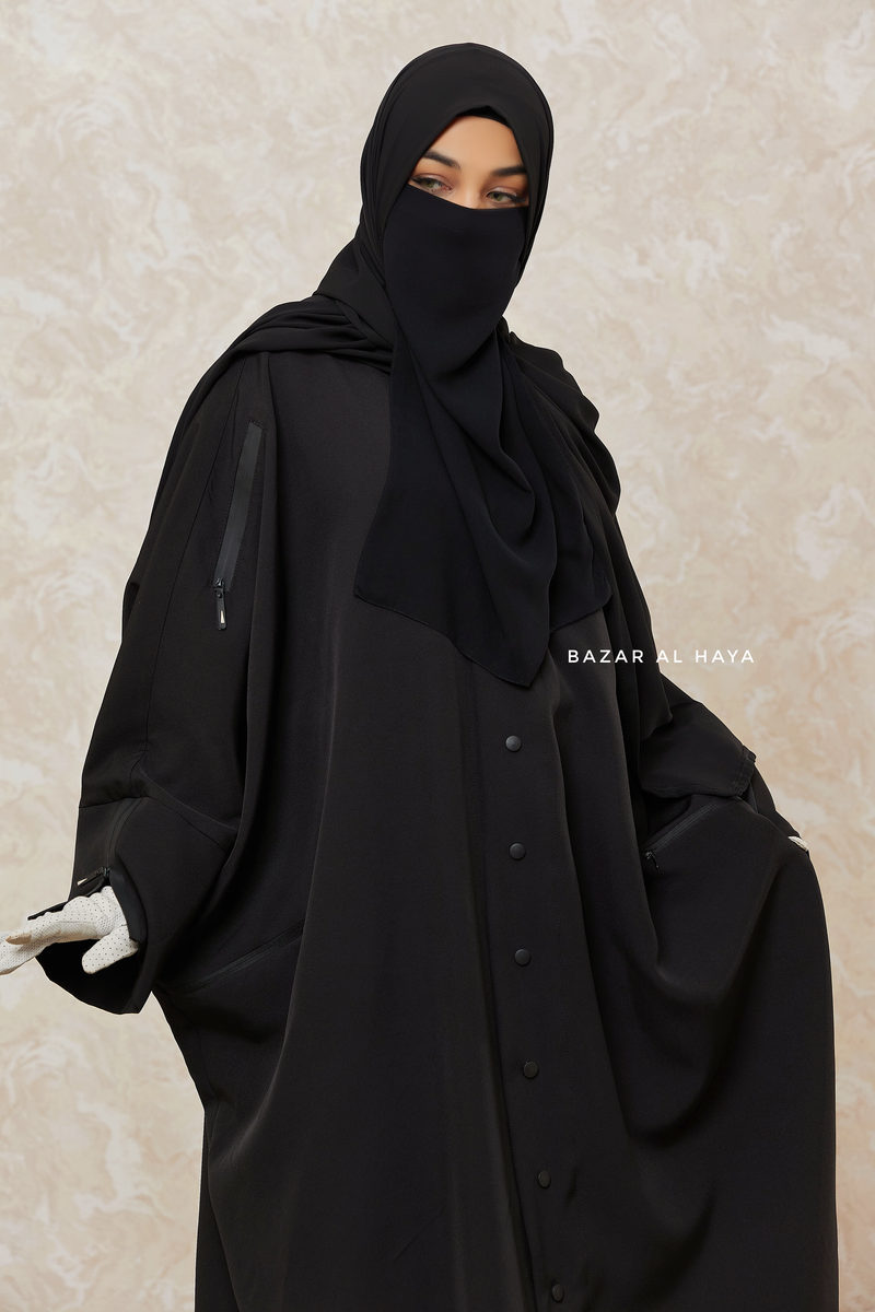 Black Falak Classic Loose Fit Abaya Coat With Scarf - Pockets & Zippers