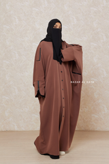 Brown Falak Classic Loose Fit Abaya Coat With Scarf - Pockets & Zippers