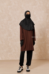 Black Brown Modest Swimwear 4 Piece Swimdress, Khimar, Apron & Pants - Comfort Swimsuit