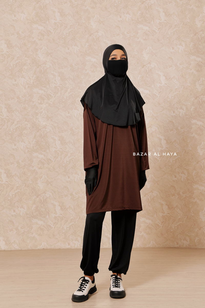 Black Brown Modest Swimwear 4 Piece Swimdress, Khimar, Apron & Pants - Comfort Swimsuit