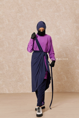 Navy Purple Modest Swimwear 4 Piece Swimdress, Khimar, Apron & Pants - Comfort Swimsuit