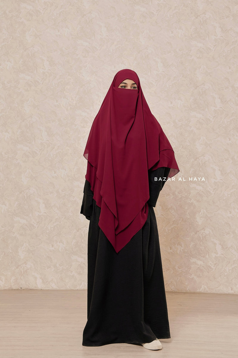 Maroon Pari Two Layered Diamond Khimar - Crepe Chiffon