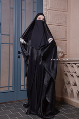 Humaira 3 Piece Abaya Set In Black Organza Luxurious Kaftan With Inner Dress Scarf