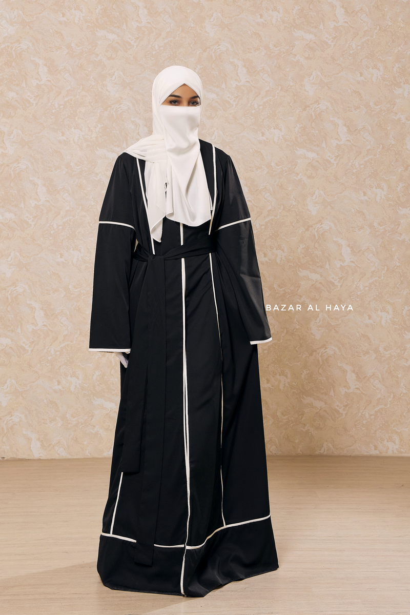 Black Fazeela Open Front Abaya In Classic Design - Premium Silk Crepe
