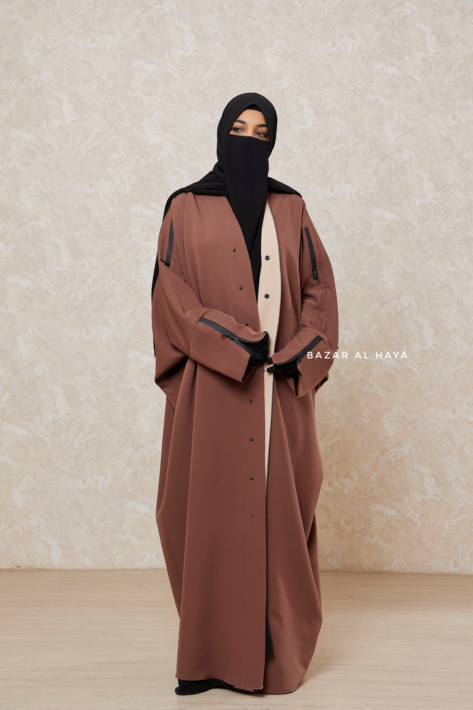 Brown Falak Classic Loose Fit Abaya Coat With Scarf - Pockets