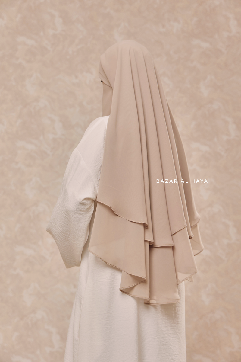 Two Layered Creme Beige Snap Scarf, Khimar, Cape - Super Soft - 3 in 1