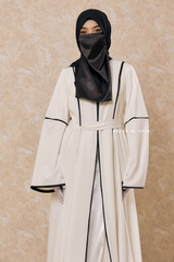 White Fazeela Open Front Abaya In Classic Design - Premium Silk Crepe