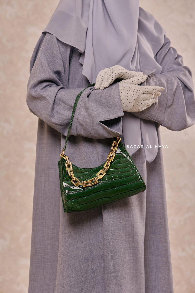 Glossy Croc Hand Bag In Emerald