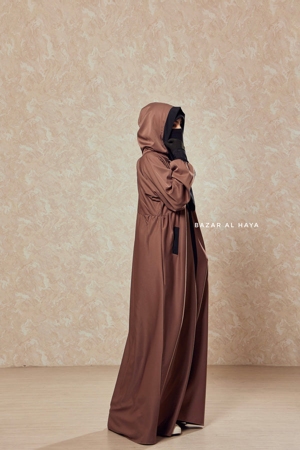 Kalina Brunette Hooded Abaya Dress With Pockets - Mediumweight Silk Crepe