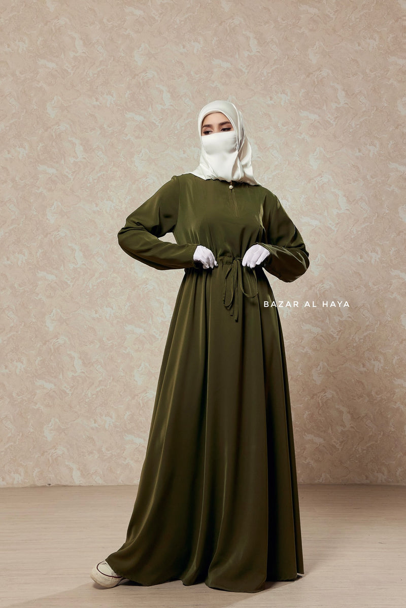 Salam 3 Olive Belted Abaya Dress - Front Zipper & Zipper Sleeves - Nida