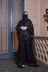 Humaira 3 Piece Abaya Set In Black Organza Luxurious Kaftan With Inner Dress Scarf