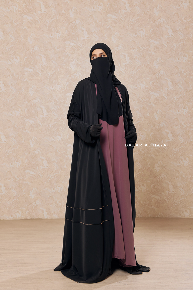 Black Fathiya Open Front Abaya In Nida - Relaxed Fit