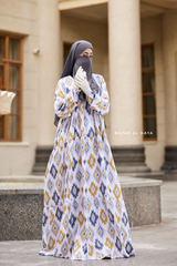 Sadia White/Yellow Print Dress - 100% Cotton Summer Tiered Abaya - Front Zipper