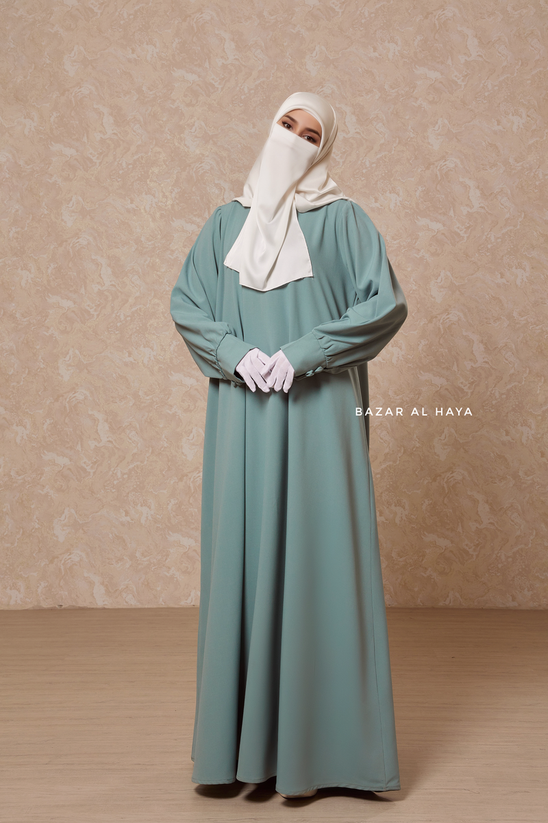 Rania Mint Abaya Dress Half-Placket Button Front & Sleeve - Mediumweight Soft Crepe Cotton