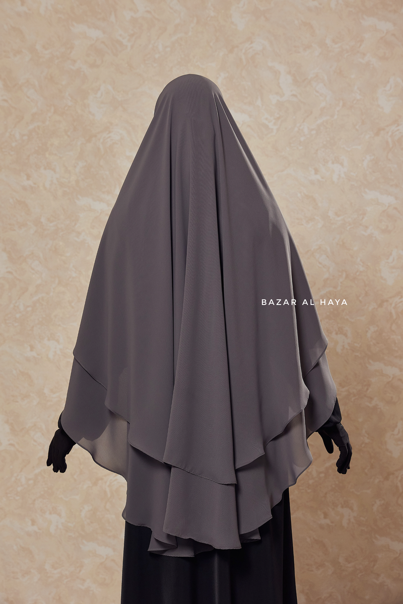Grey Two Layered Three -In- One Snap Scarf, Khimar, Cape - Super Soft