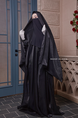 Humaira 3 Piece Abaya Set In Black Organza Luxurious Kaftan With Inner Dress Scarf