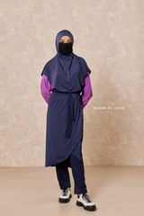 Navy Purple Modest Swimwear 4 Piece Swimdress, Khimar, Apron & Pants - Comfort Swimsuit