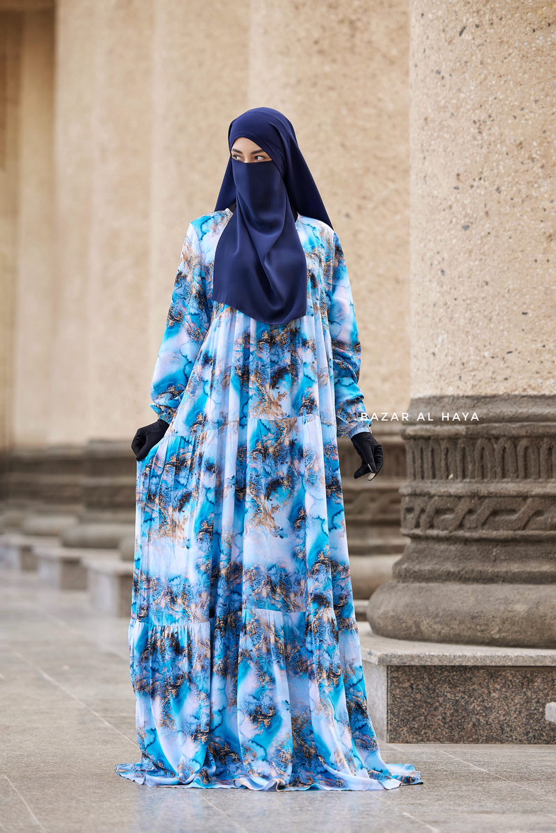 Sadia Ocean/Gold Print Dress - 100% Cotton Summer Tiered Abaya, Front Zipper