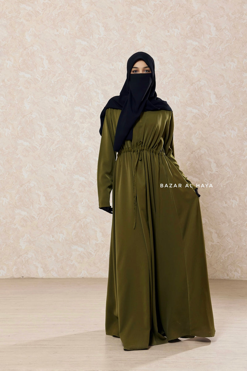 Olive Salam 3 Adjustable Belted Abaya Dress - Front Zipper & Zipper Sleeves - Nida