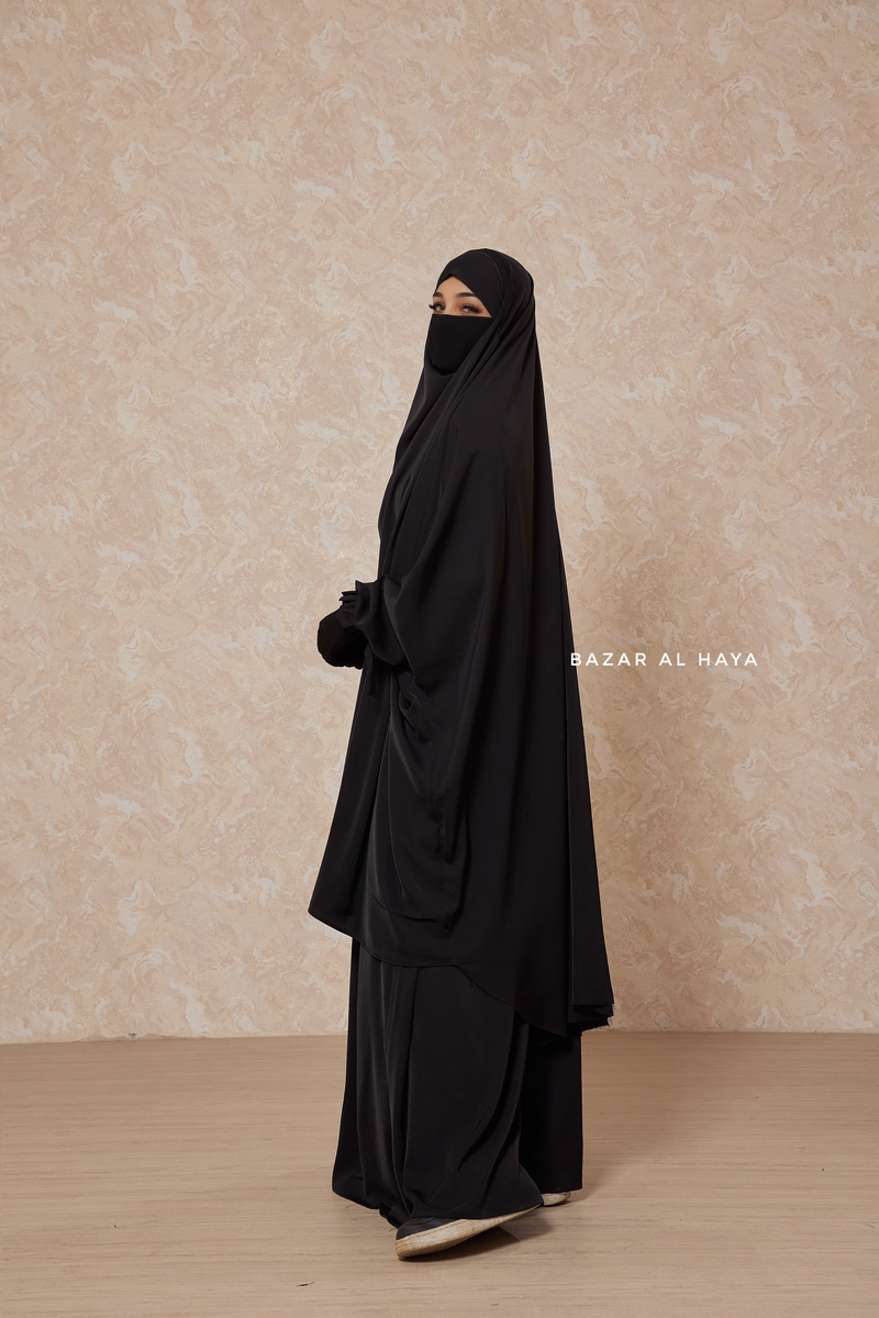 Black Jahida Two Piece Jilbab With Loose Pants Set - Skirt-Style Shalwar