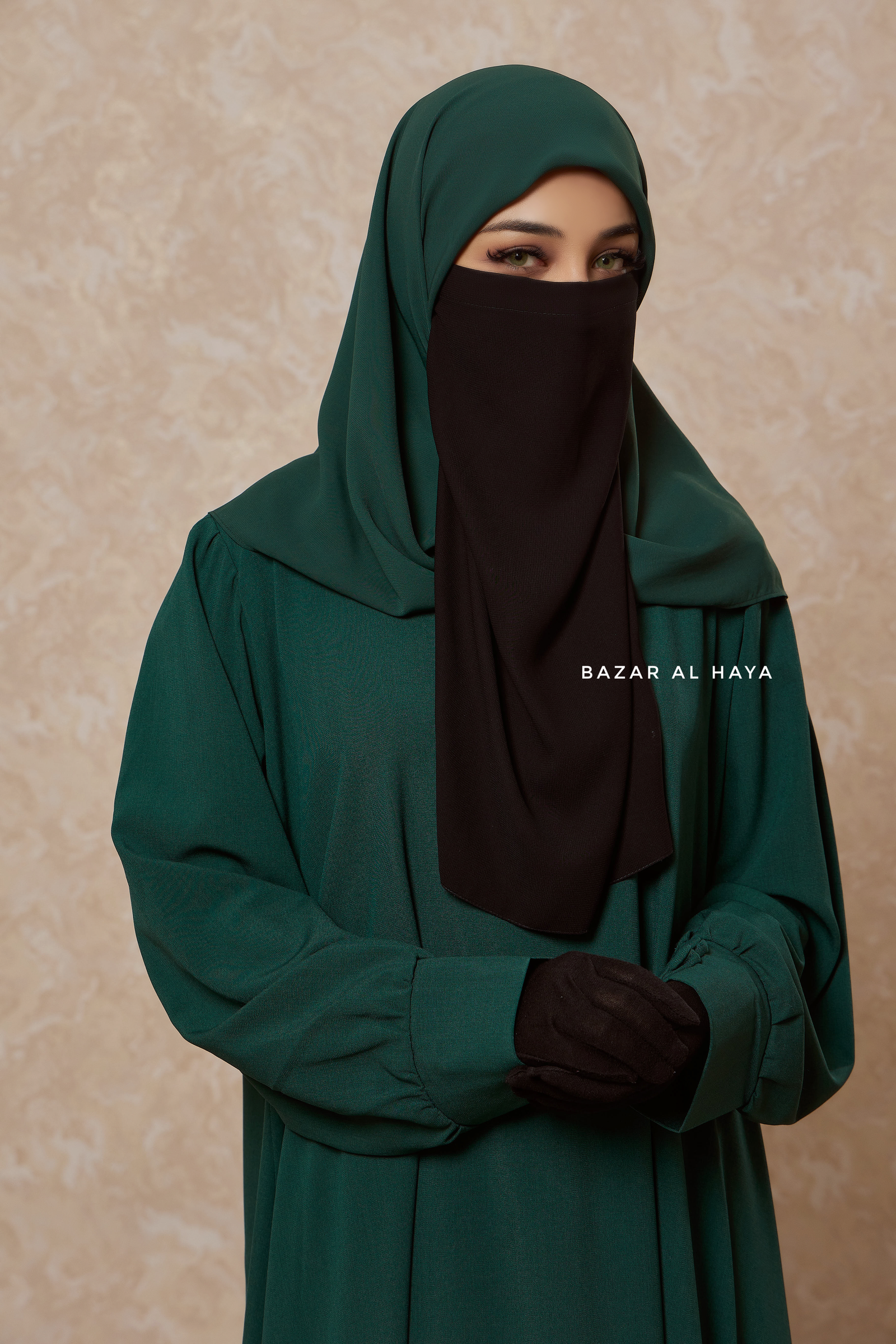 slim fit dress slacks Velora Emerald Green Shimmer Foil Print Modest Kaftan Abaya – House Of  Haniya main image 1