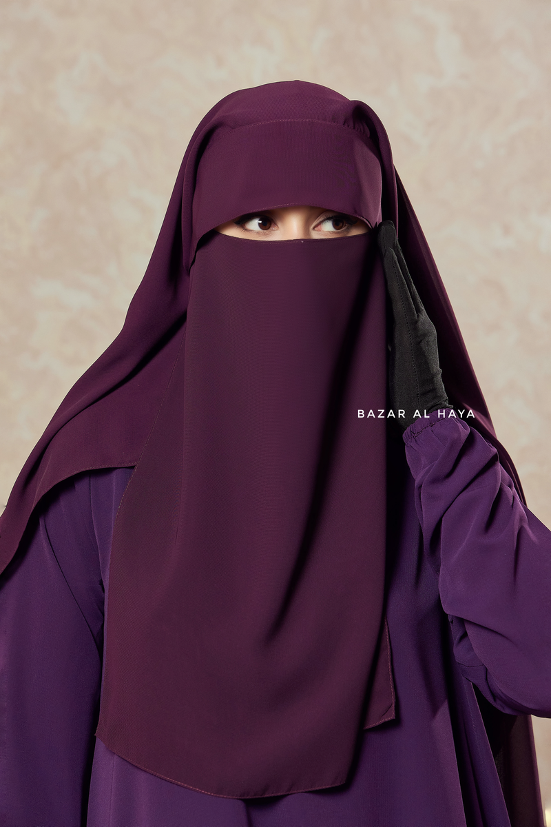 Plum Two Layer Flap Niqab - Premium Wool Chiffon - Large