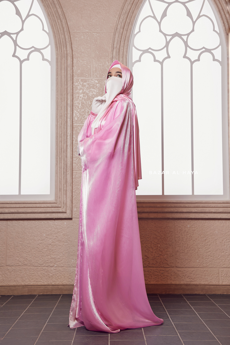 Humaira 3 Piece Abaya Set In Pink Organza Luxurious Kaftan With Inner Dress Scarf