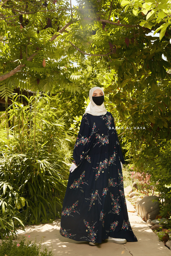 Sadia Dark Midnight Floral Dress In 100% Cotton Summer Tiered Style Abaya - Front Zipper