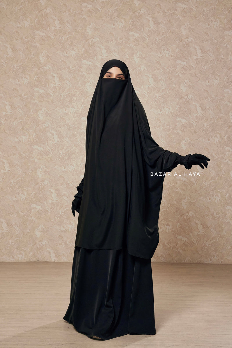 Black  Hoor - Two Piece Jilbab With Skirt Set- Nida