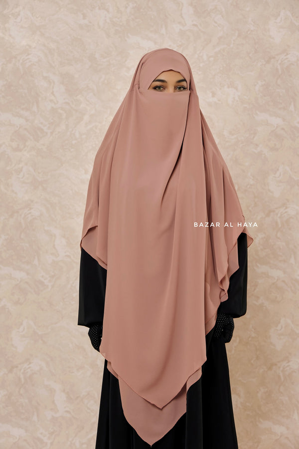 Taupe Rose Pari Two Layered Maxi Diamond Khimar - Crepe Chiffon