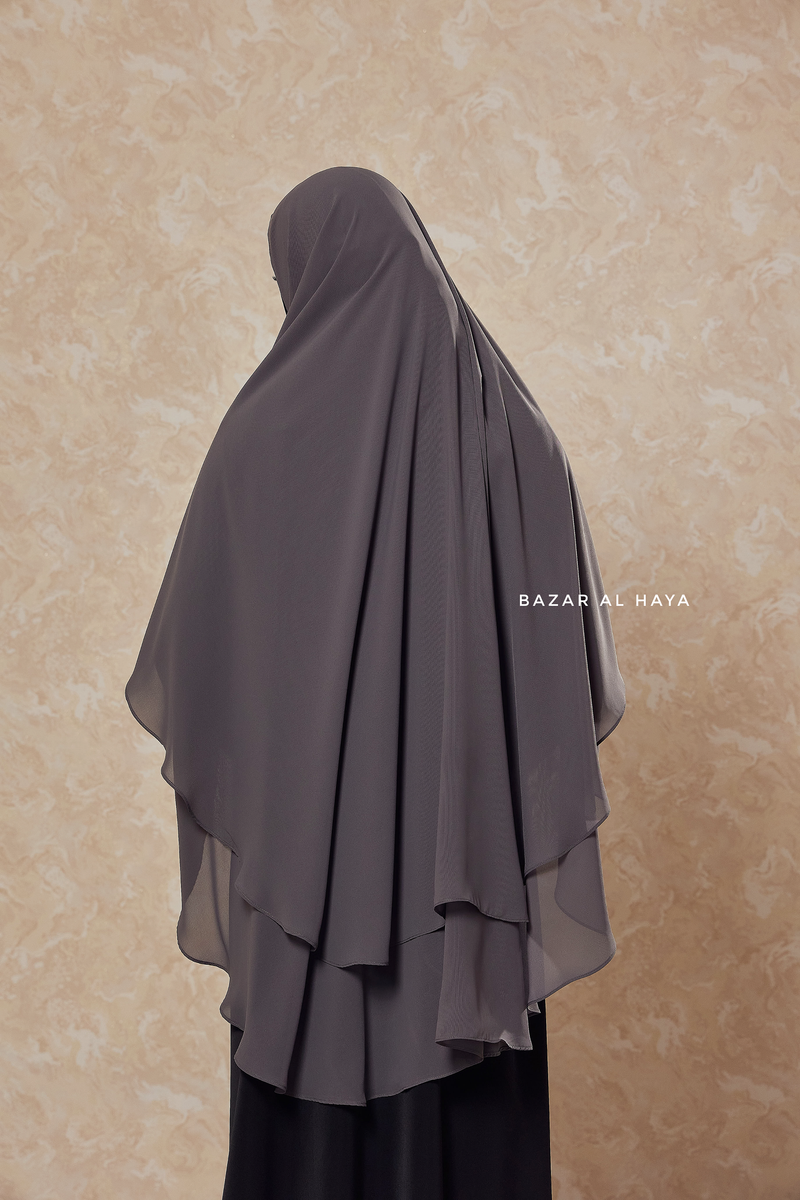 Grey Two Layered Three -In- One Snap Scarf, Khimar, Cape - Super Soft