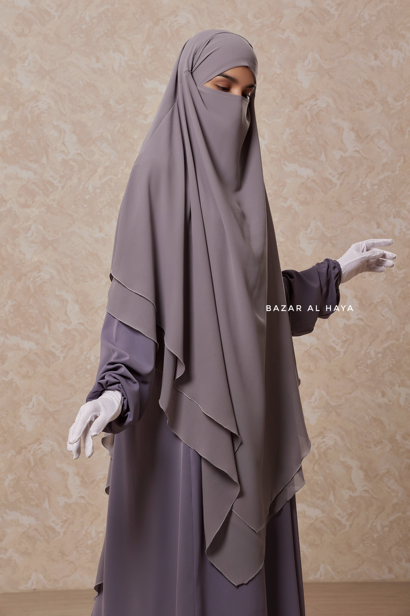 Silver Pari Layered Khimar & Salam 2 Abaya Two Piece Set