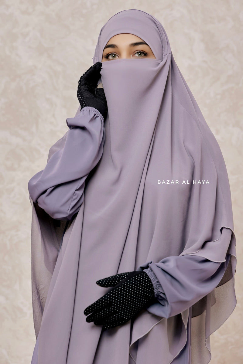 Grey Pari Two Layered Maxi Diamond Khimar - Crepe Chiffon