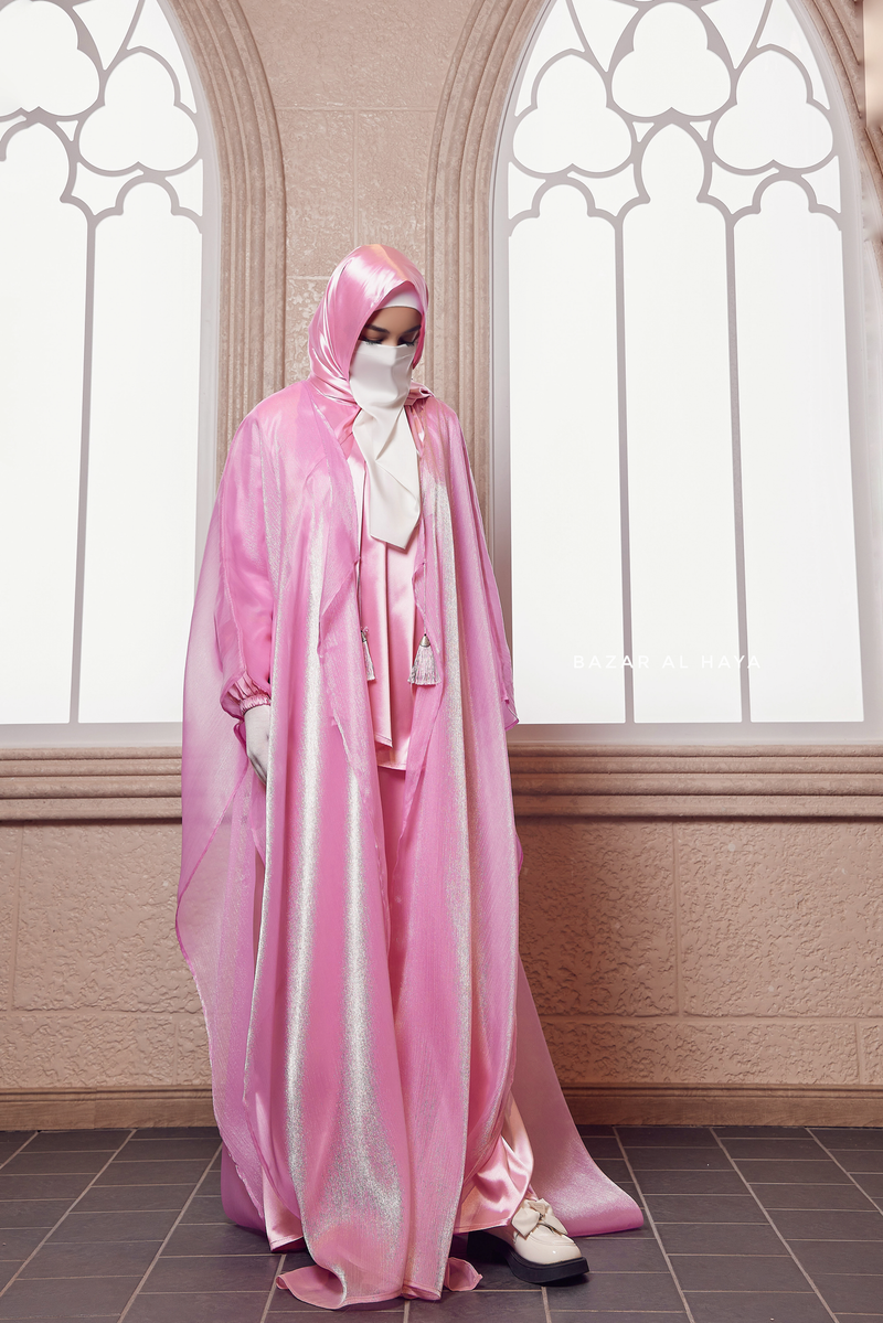 Humaira 3 Piece Abaya Set In Pink Organza Luxurious Kaftan With Inner Dress Scarf