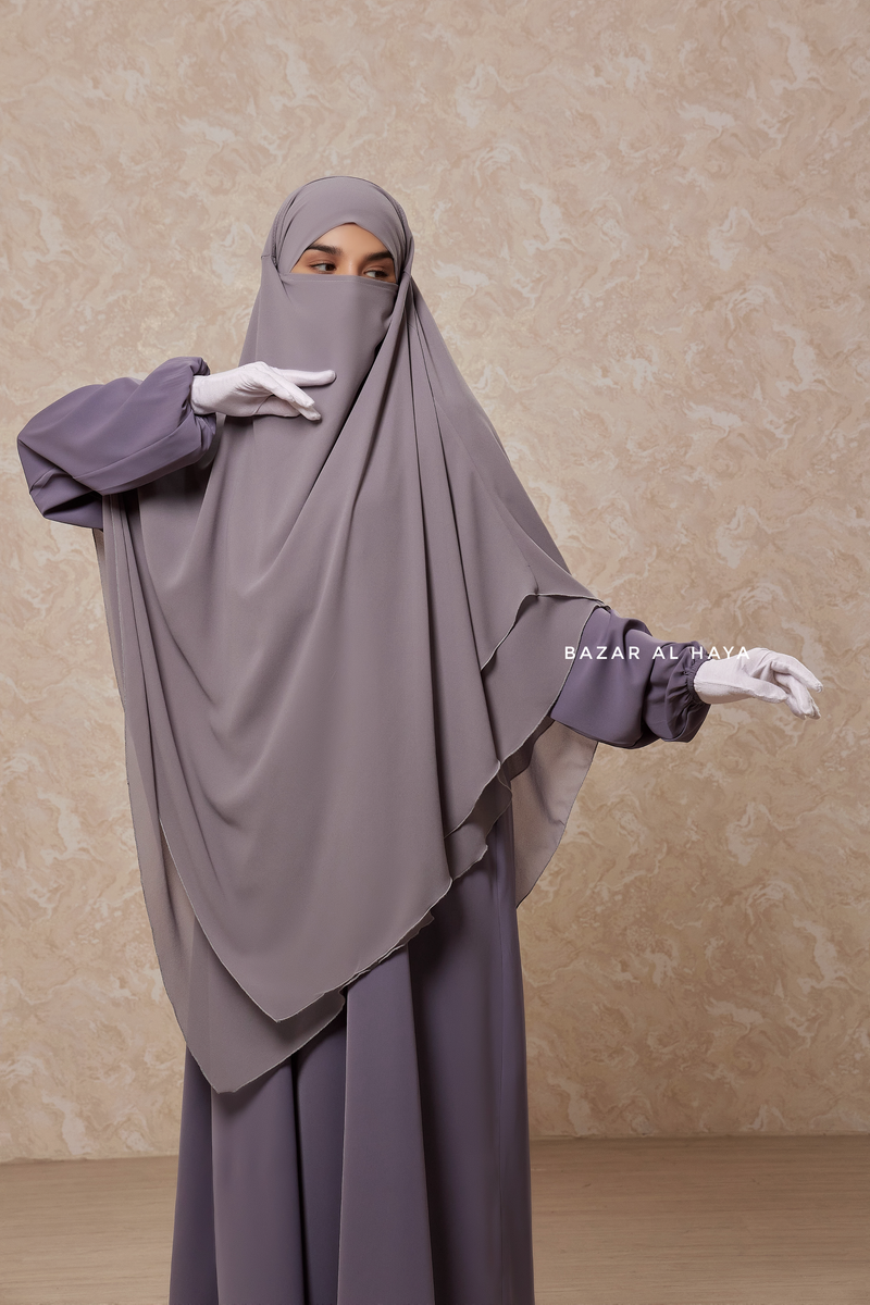 Silver Pari Layered Khimar & Salam 2 Abaya Two Piece Set