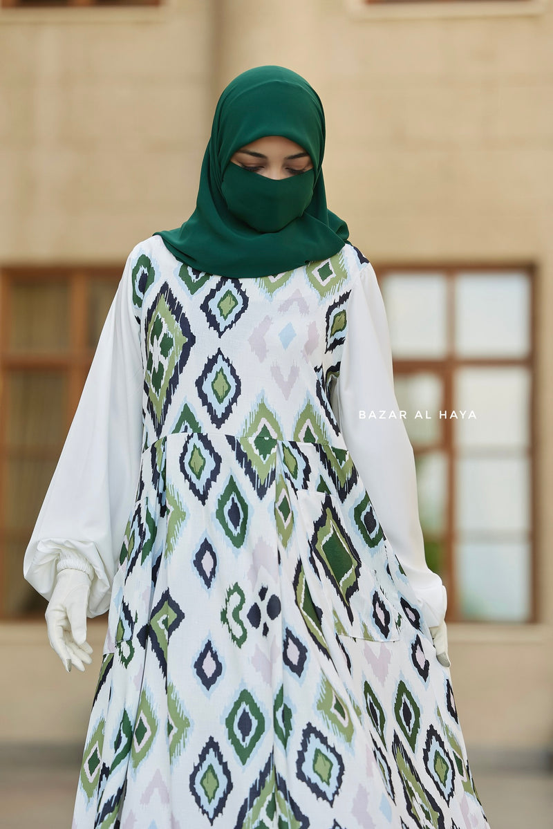 Reema Green & White Print Dress In Classic Style - Side Pockets Bazar Al Haya Reema Green & White Print Dress In Classic Style - Side Pockets Bazar Al Haya