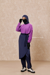 Navy Purple Modest Swimwear 4 Piece Swimdress, Khimar, Apron & Pants - Comfort Swimsuit