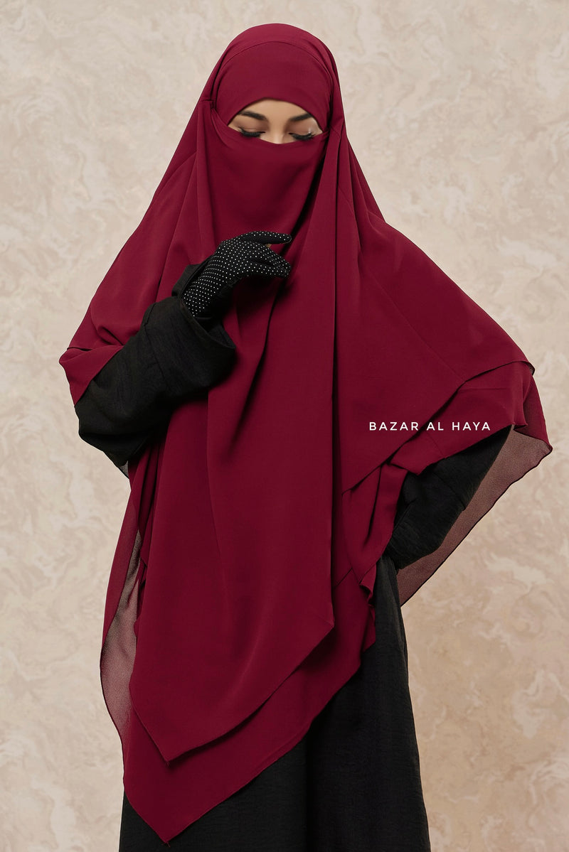 Maroon Pari Two Layered Diamond Khimar - Crepe Chiffon