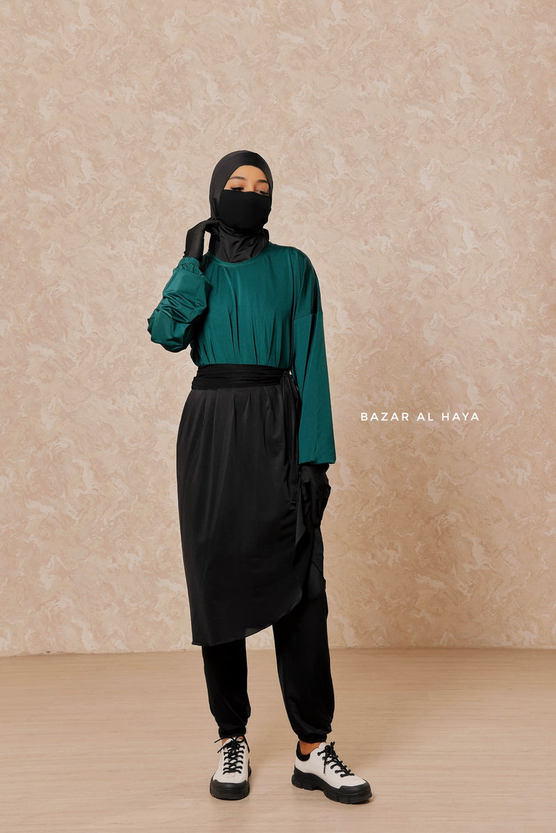 Black Emerald Modest Swimwear 4 Piece Set With Swimdress, Khimar, & Pants - Comfort Swimsuit