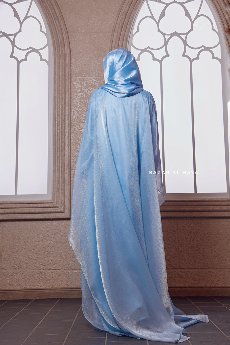 Humaira 3 Piece Abaya Set In Blue Organza Luxurious Kaftan With Inner Dress Scarf