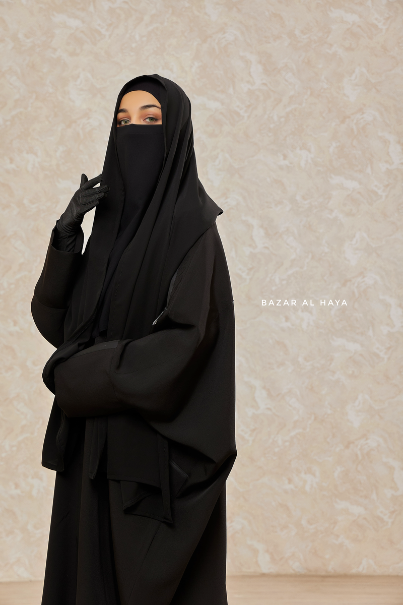 Black Falak Classic Loose Fit Abaya Coat With Scarf - Pockets & Zippers