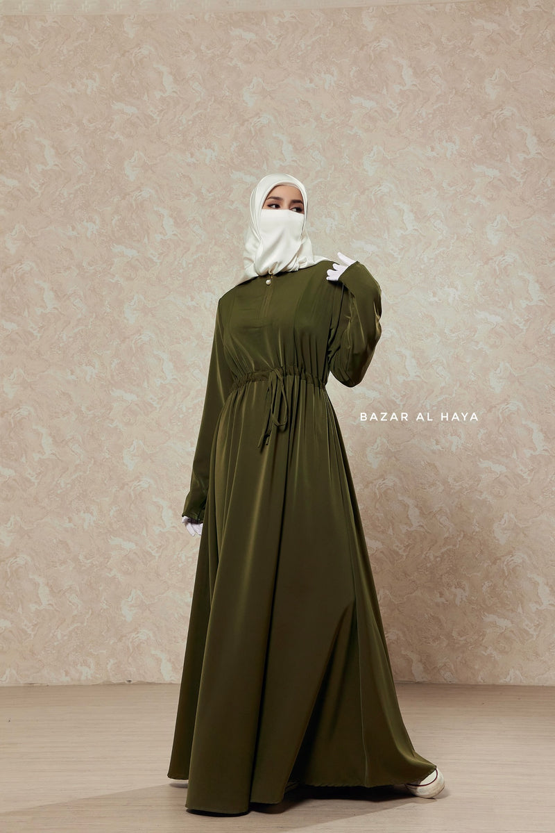 Salam 3 Olive Belted Abaya Dress - Front Zipper & Zipper Sleeves - Nida
