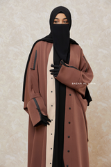 Brown Falak Classic Loose Fit Abaya Coat With Scarf - Pockets & Zippers