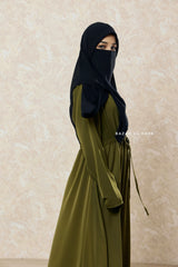 Olive Salam 3 Adjustable Belted Abaya Dress - Front Zipper & Zipper Sleeves - Nida