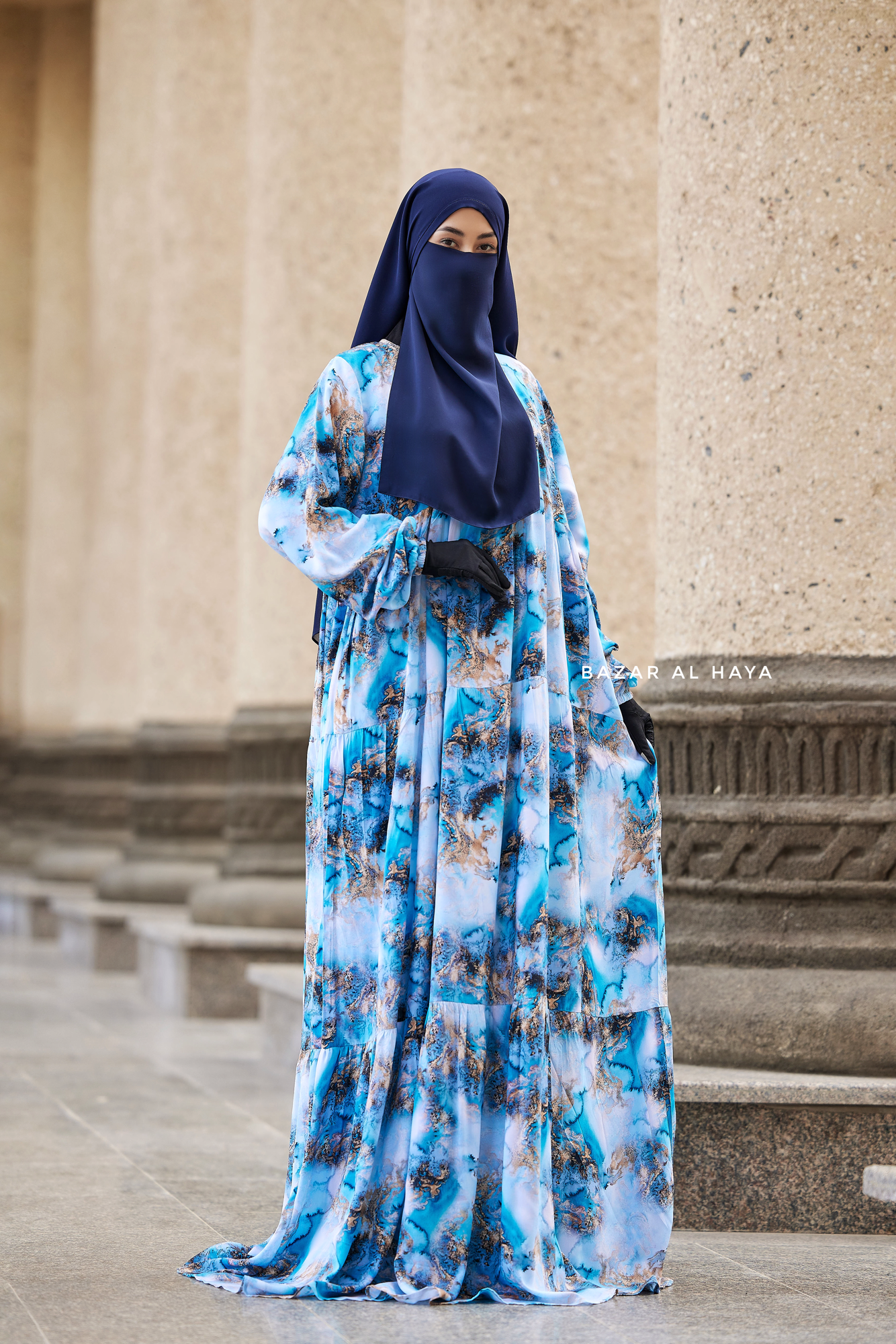 Sadia Ocean/Gold Print Dress - 100% Cotton Summer Tiered Abaya, Front ...