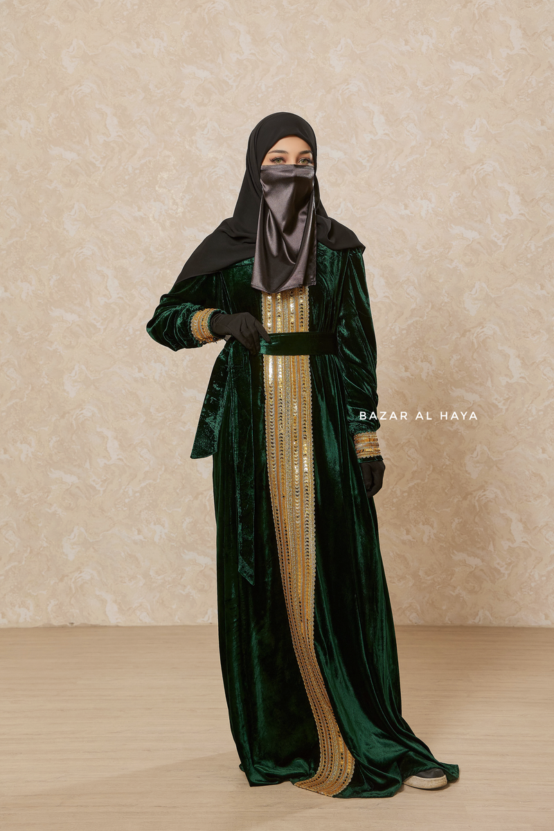 Emerald Green Irfah Luxurious Plush Pombarch Kaftan - Abaya Dress With Belt