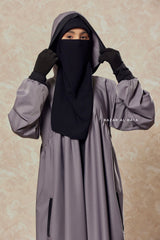 Kalina Steel Grey Hooded Abaya Dress With Pockets - Mediumweight Silk Crepe